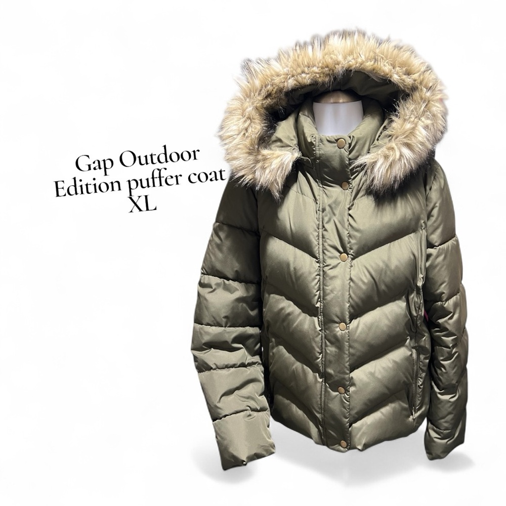 GAP Olive Puffer Jacket with Faux Fur Trim size XL